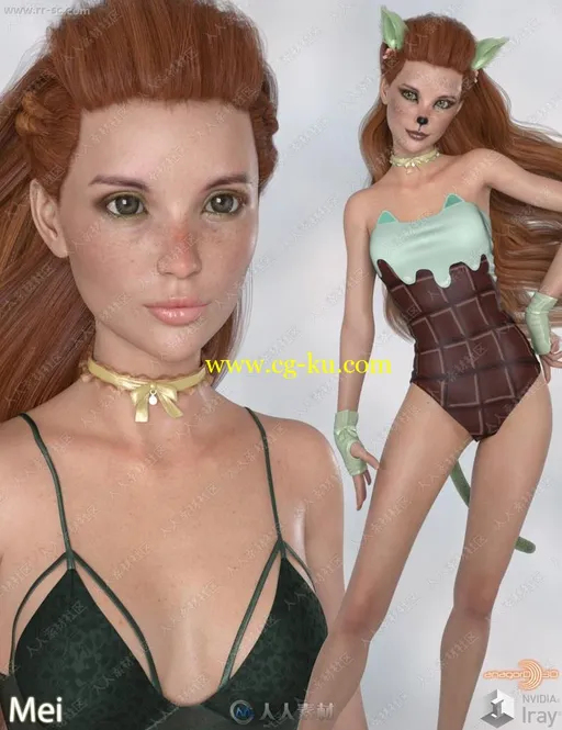 甜美可爱女孩多组花猫妆容泳衣3D模型的图片2