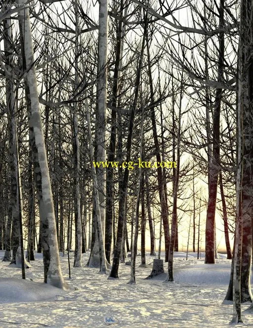 冬季森林挂雪松树树丛场景3D模型的图片2