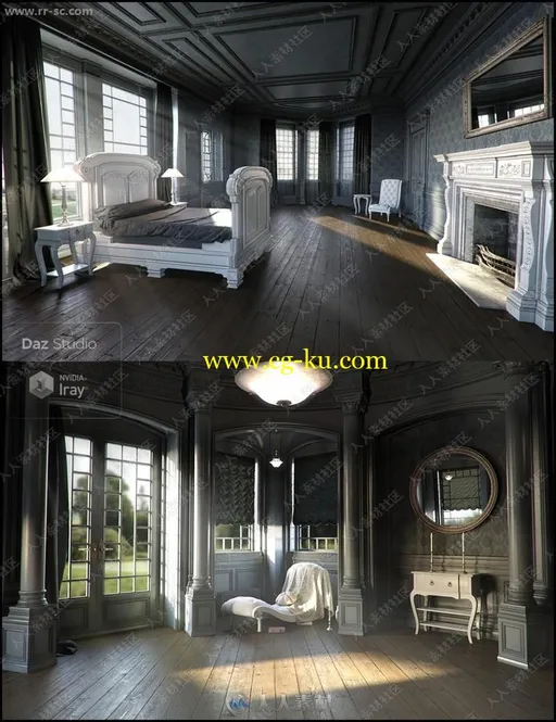 古典风格暗光线室内家具环境3D模型的图片1