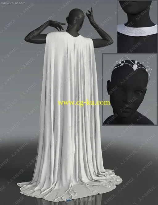 不同颜色高贵暗花纹斗篷长裙套装3D模型的图片3
