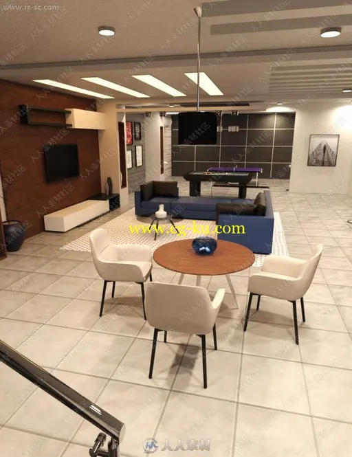 简洁舒适室内布局家具环境3D模型的图片1