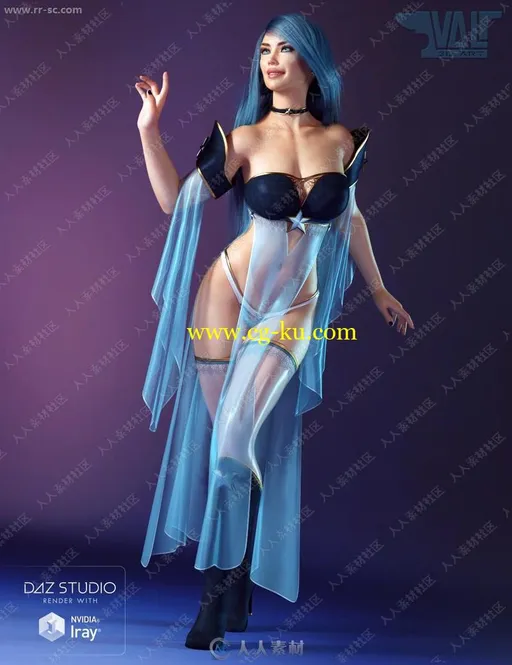 蓝色风格薄纱铠甲美丽女王角色3D模型的图片1