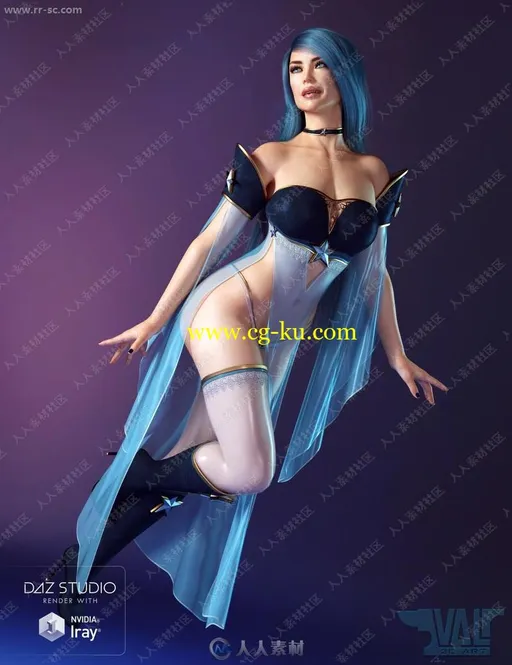 蓝色风格薄纱铠甲美丽女王角色3D模型的图片2