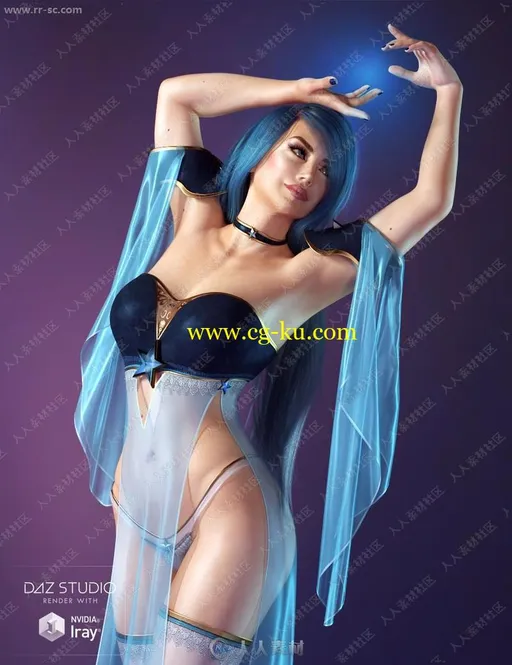 蓝色风格薄纱铠甲美丽女王角色3D模型的图片3