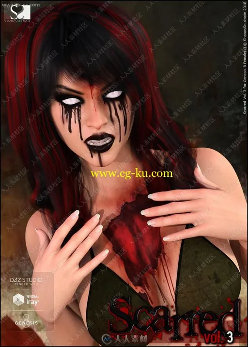 恐怖伤口疤痕烧伤血液女性角色3D模型的图片3
