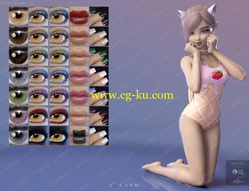 大眼睛可爱小女孩多组时尚造型妆容3D模型的图片3