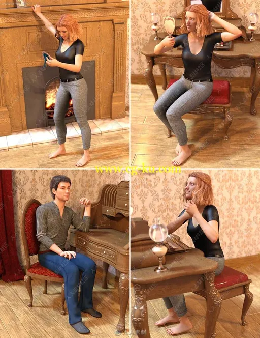 15组夫妇典雅卧室坐卧站立姿势3D模型的图片3