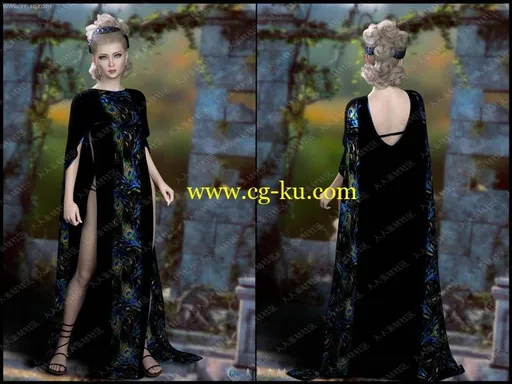 多组纹理颜色女神落地披风长裙3D模型的图片3