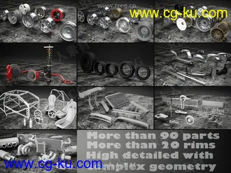 90组汽车轮胎轮毂悬架内饰等零件组件3D模型合集的图片1