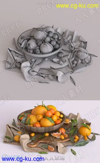 鲜美橙色橘子小柿子等水果蔬菜3D模型合集的图片1