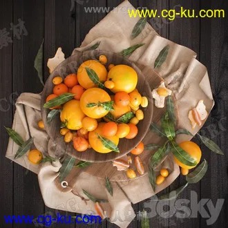 鲜美橙色橘子小柿子等水果蔬菜3D模型合集的图片2