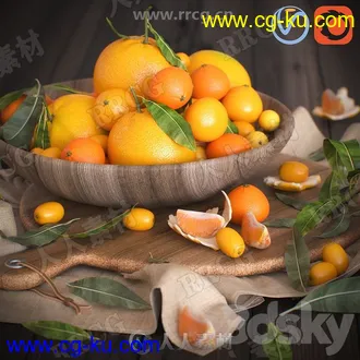 鲜美橙色橘子小柿子等水果蔬菜3D模型合集的图片3
