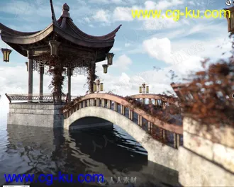 东方宁静河边凉亭场景3D模型合集的图片1