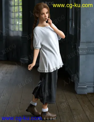 女性宽松休闲船领T恤裙裤家居服服饰3D模型合集的图片1