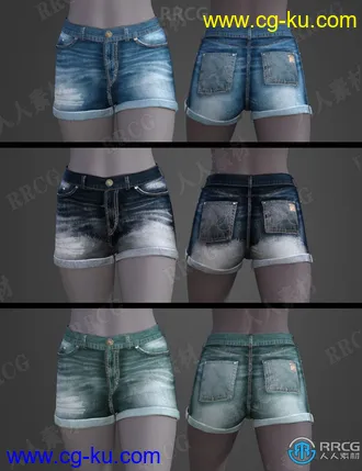 5种颜色女性夏季牛仔短裤服饰3D模型合集的图片2