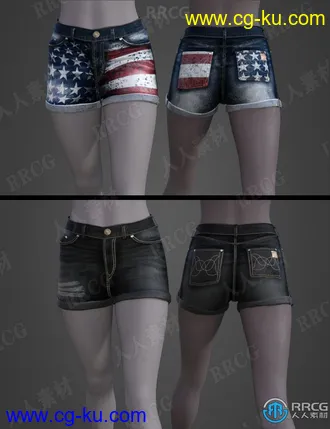 5种颜色女性夏季牛仔短裤服饰3D模型合集的图片3
