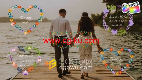 FCPX插件5种设计花束徽章元素婚礼文字标题动画Wedding Titles的图片1