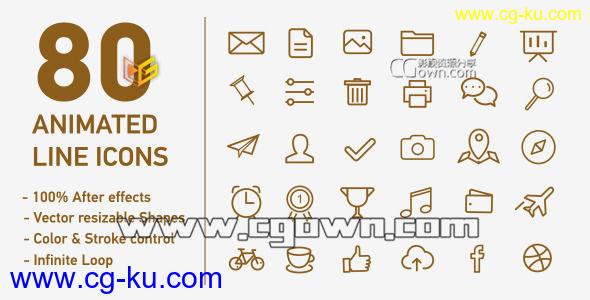 AE模板 80种演示文稿图标图形动画 Videohive 80 Animated Line Icons 8841998的图片1