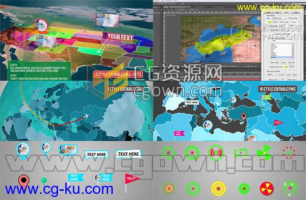 AE模板 3D世界地图三维中国地图城市辐射连接全球领地划分信息图表的图片1