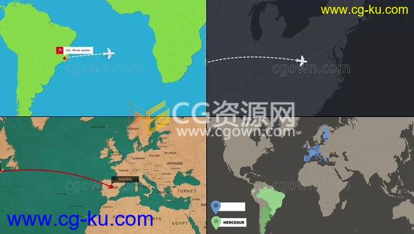 2D世界地图风格国家旅游景点飞机起点飞行到目的地动画制作-AE模板的图片1