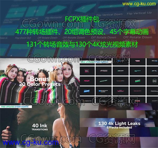 477个FCPX转场插件+20个调色预设+120个4K炫光视频+131个转场音效的图片1