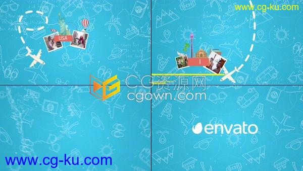 4K卡通世界旅游景点飞行标志环球假期旅行LOGO片头-AE模板下载的图片1