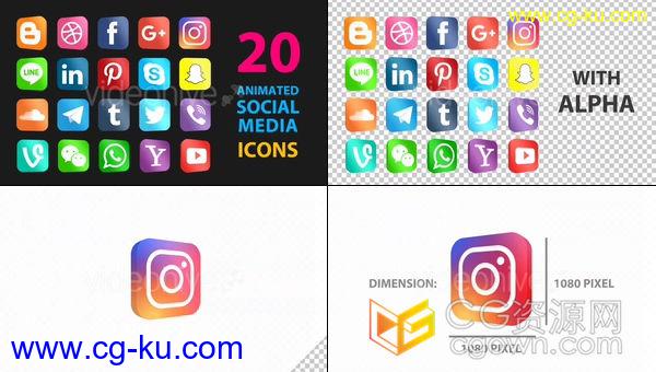 视频素材&AE工程文件下载-20个社交媒体3D动画图标Facebook微信YouTube的图片1