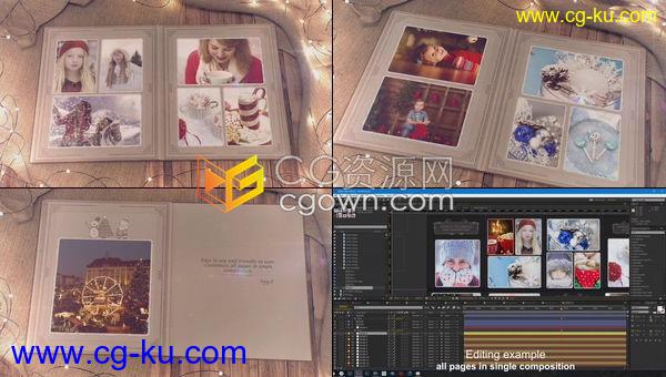 3D发光灯饰围绕书本翻页动画展示圣诞照片美好回忆相册-AE模板下载的图片1