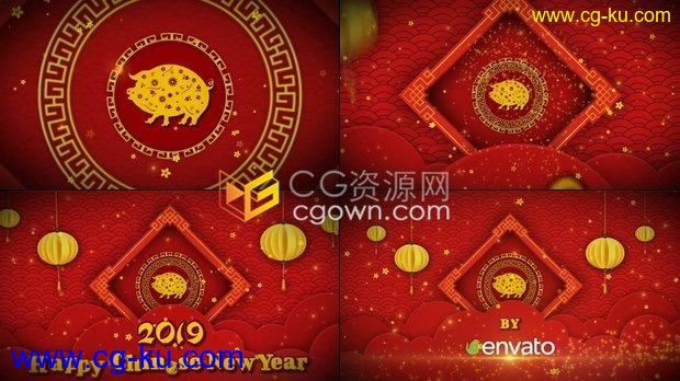 喜庆红色剪纸风格粒子灯笼LOGO拜年视频中国新年片头动画制作-AE模板免费下载的图片1