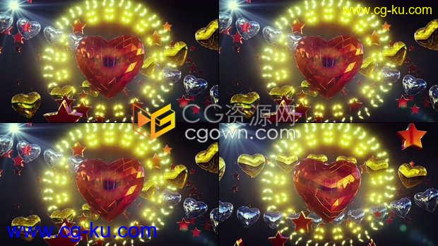 4k分辨率闪亮3D心形霓虹灯玻璃水晶星星动画VJ背景视频素材下载的图片1