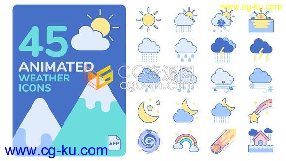 45种天气预报形象Icons图标动画设计下雨雪太阳云气候效果元素-AE模板下载的图片1