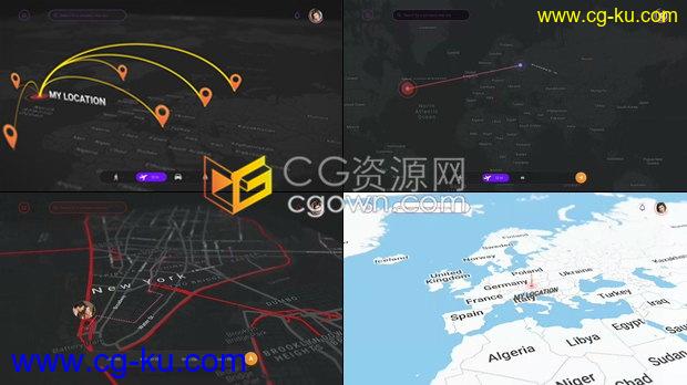 三维链线城市地标位置信息坐标路线信息图形世界旅行介绍多种地图风格-AE模板下载的图片1