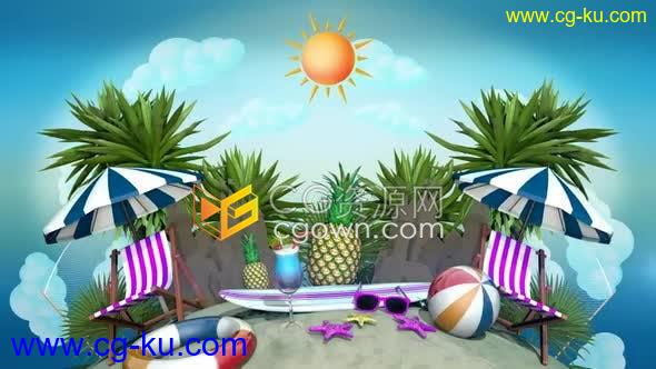 4K视频素材-夏天季节海滩派对活动演出舞台动态背景菠萝树山海滩太阳元素动画的图片1