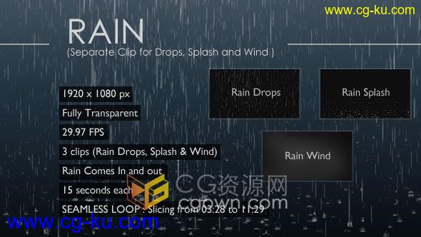 制作真实下雨大风雨滴飞溅动画效果带透明Alpha通道-视频素材的图片1