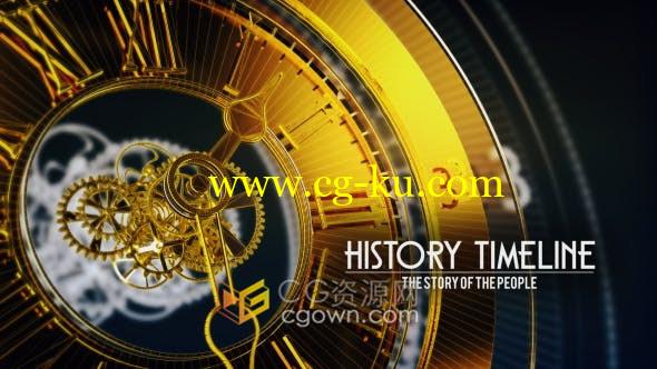 3D黄金金属时钟表转动历史时间轴开场视频片头动画制作-AE模板的图片1