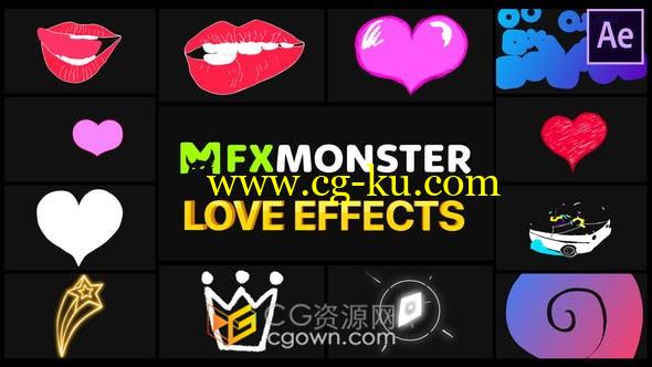 Love Effects浪漫心形状卡通图形动画12种效果-AE模板的图片1