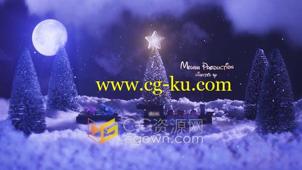 圣诞夜幕氛围雪花粒子飞舞可爱小火车缓缓开过揭示节日祝福开场片头-AE模板的图片1