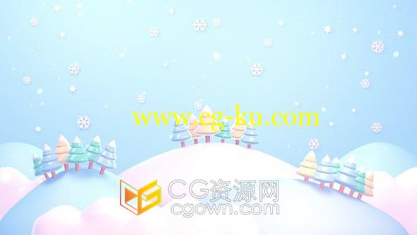 视频素材-循环3d动画冬季山脉景观圣诞树雪花飘落效果动画的图片1