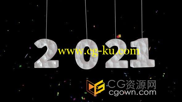 吊挂2021年数字欢乐庆典新年贺卡五彩纸屑背景视频素材的图片1