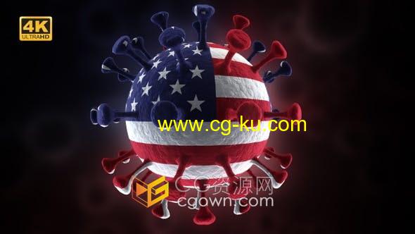 America美国国旗图案Covid-19冠状病毒病3D动画背景视频素材的图片1