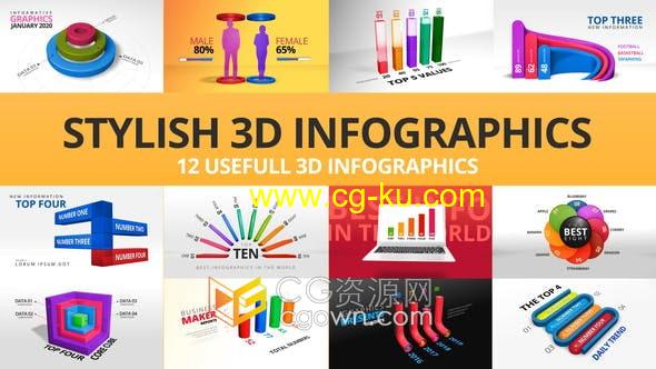 AE模板-12组3D立体时尚信息图表设计统计分析图形动画的图片1