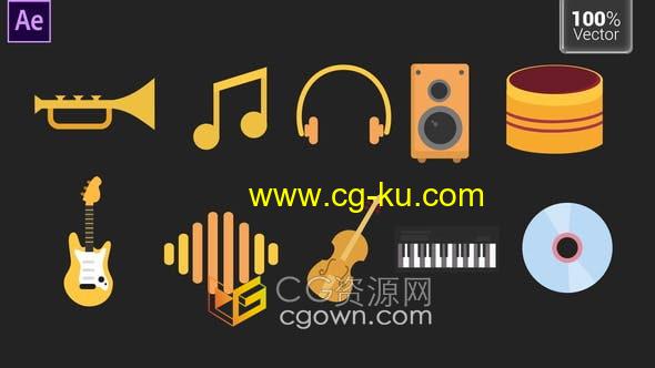 Music Icons AE模板10个音乐图标动画有鼓吉他波形光盘的图片1