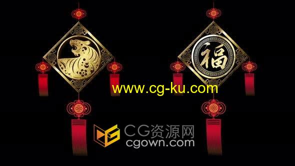 2022年虎年新年元素金虎福字灯笼中国结拜年贺卡动画视频素材的图片1