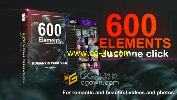 600元素制作浪漫视频标题字幕转场效果调色光效粒子动画Romantic Pack V2.0 AE模板脚本的图片1