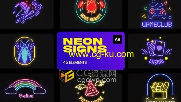 45个霓虹灯标志制作闪亮发光俱乐部夜总会广告FX特效元素AE模板的图片1