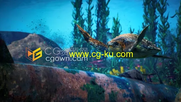 3D渲染水下场景乌龟沿着海底游泳动画视频素材下载的图片1