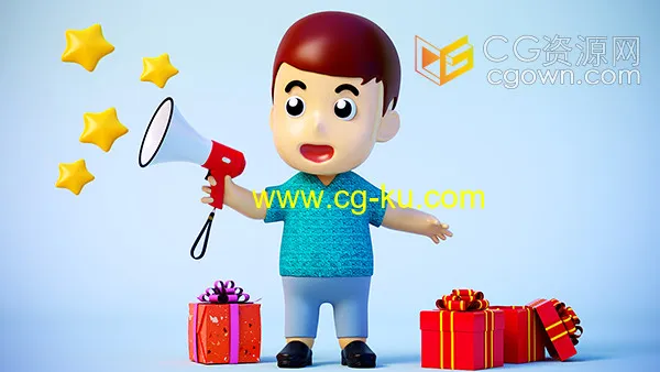 C4D卡通男孩用扩音器叫卖3D角色模型的图片1