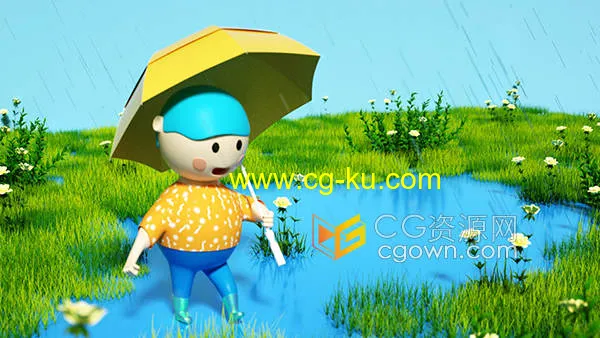 绿色卡通风格夏日雨季男孩戏雨水C4D三维模型的图片1