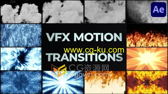 AE模板-VFX Motion Transitions逼真的火焰耀斑烟雾面纱能量爆发过渡效果的图片1